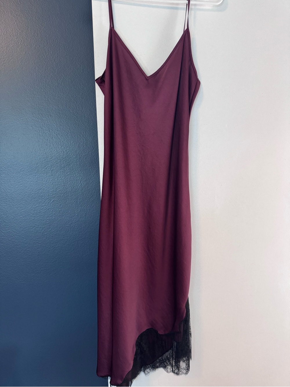 Aritzia Satin Slip Midi Dress in Plum with Lace Hem